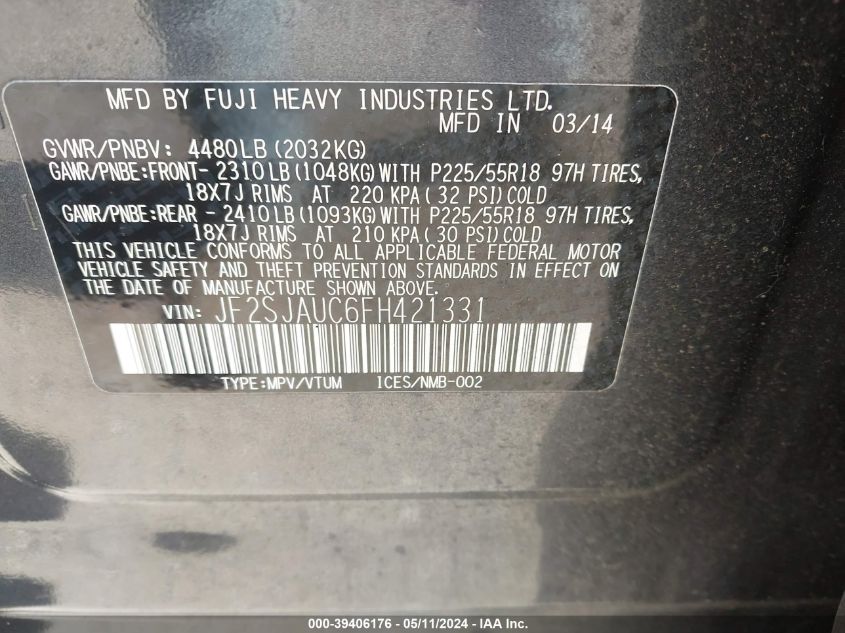 2015 Subaru Forester 2.5I Touring VIN: JF2SJAUC6FH421331 Lot: 39406176