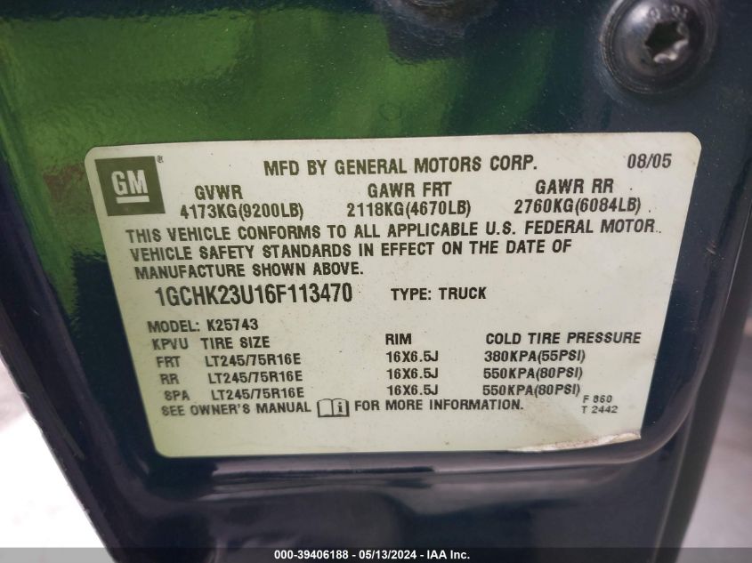 2006 Chevrolet Silverado 2500Hd Lt2 VIN: 1GCHK23U16F113470 Lot: 39406188