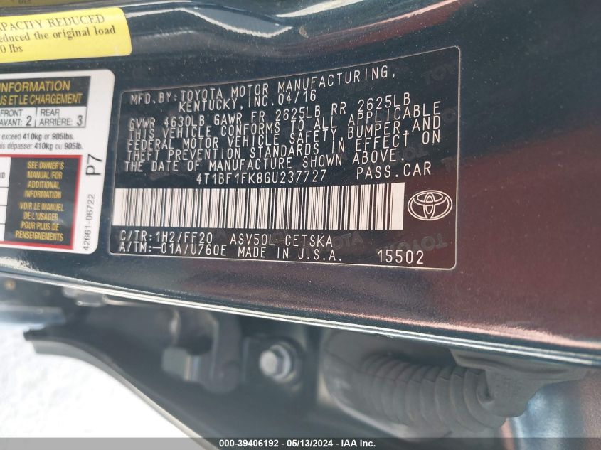 2016 Toyota Camry Se VIN: 4T1BF1FK8GU237727 Lot: 39406192