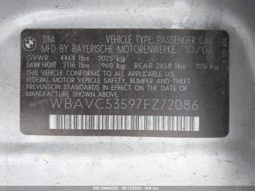 2007 BMW 328I VIN: WBAVC53597FZ72086 Lot: 39406202