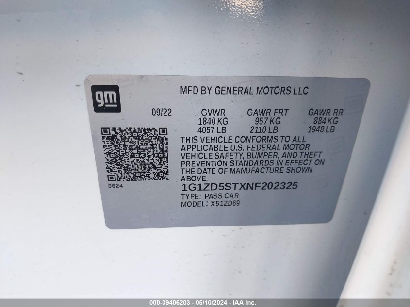 2022 Chevrolet Malibu Fwd Lt VIN: 1G1ZD5STXNF202325 Lot: 39406203