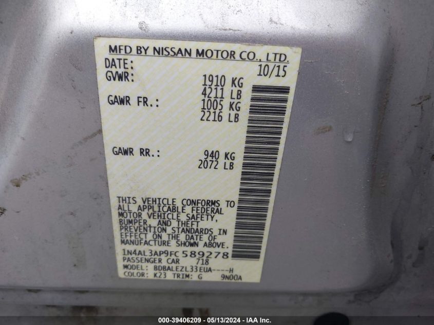 2015 Nissan Altima 2.5 S VIN: 1N4AL3AP9FC589278 Lot: 39406209