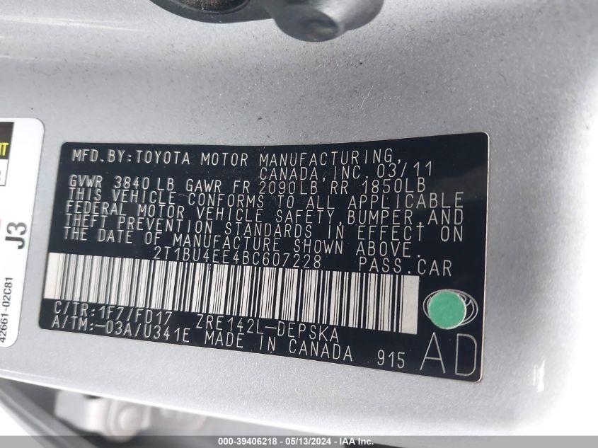 2011 Toyota Corolla S VIN: 2T1BU4EE4BC607228 Lot: 39406218