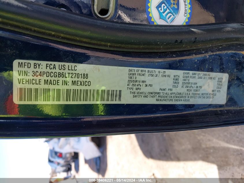 2020 Dodge Journey Crossroad VIN: 3C4PDCGB6LT270188 Lot: 39406221