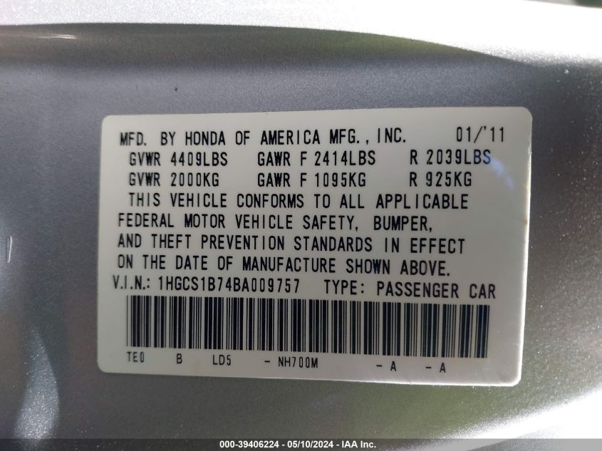 2011 Honda Accord 2.4 Ex VIN: 1HGCS1B74BA009757 Lot: 39406224