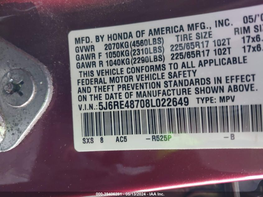 2008 Honda Cr-V Ex-L VIN: 5J6RE48708L022649 Lot: 39406281