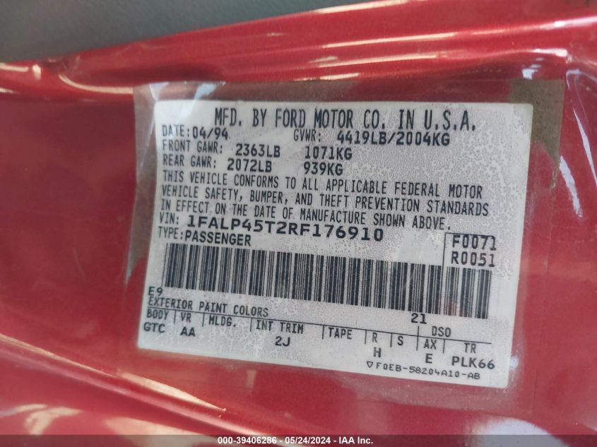 1994 Ford Mustang Gt VIN: 1FALP45T2RF176910 Lot: 39406286