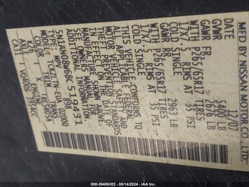 2008 Nissan Xterra Se VIN: 5N1AN08W68C519431 Lot: 39406302