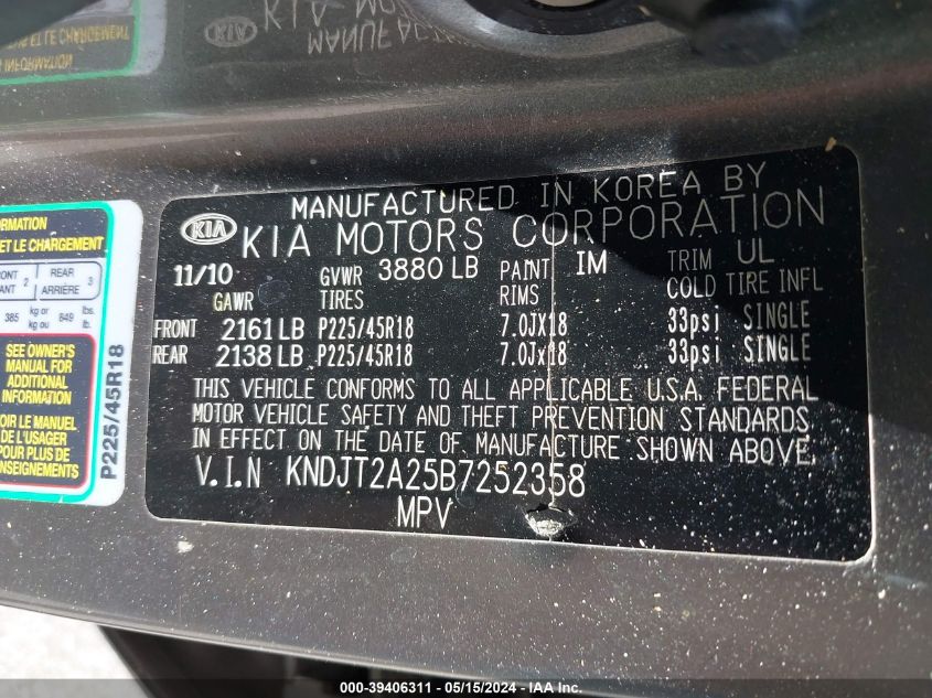 2011 Kia Soul Sport VIN: KNDJT2A25B7252358 Lot: 39406311