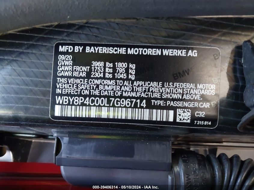 2020 BMW I3 120Ah W/Range Extender VIN: WBY8P4C00L7G96714 Lot: 39406314