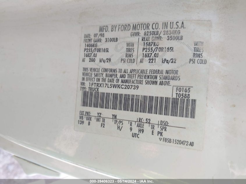 1998 Ford F-150 Lariat/Xl/Xlt VIN: 1FTRX17L5WKC20739 Lot: 39406323