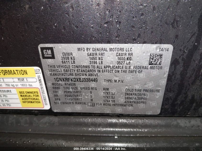2014 Chevrolet Traverse Ls VIN: 1GNKRFKDXEJ338449 Lot: 39406336