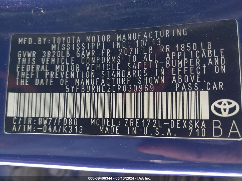 2014 Toyota Corolla S Plus VIN: 5YFBURHE2EP030969 Lot: 39406344