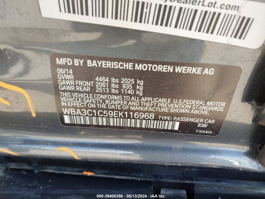 2014 BMW 328I VIN: WBA3C1C59EK116968 Lot: 39406356