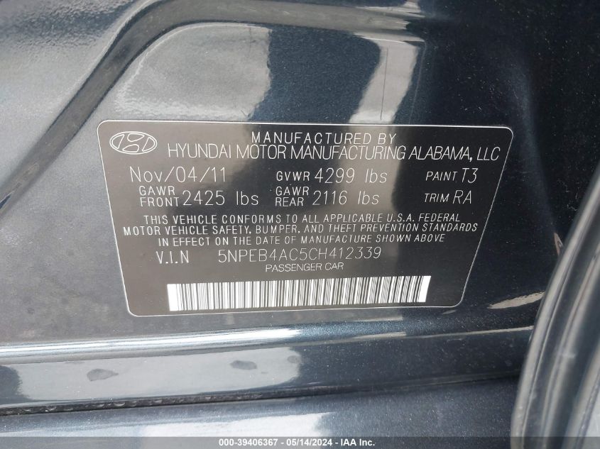 2012 Hyundai Sonata Gls VIN: 5NPEB4AC5CH412339 Lot: 39406367