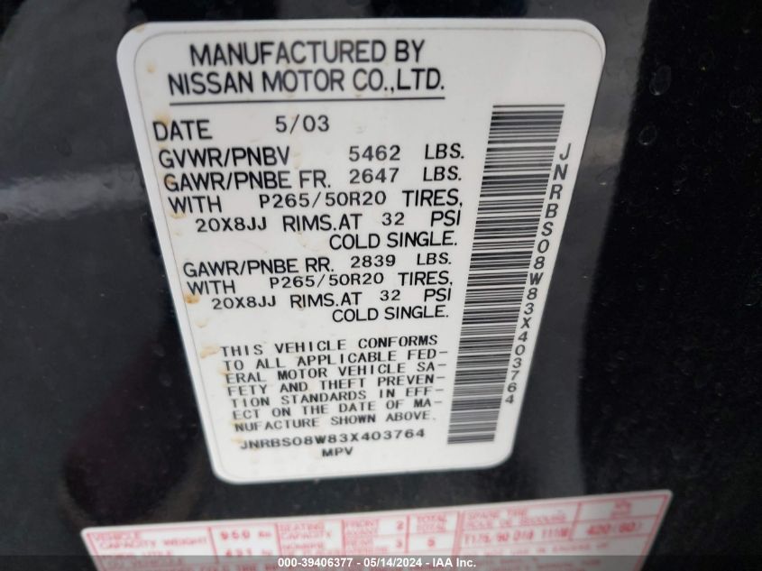 2003 Infiniti Fx45 Options VIN: JNRBS08W83X403764 Lot: 39406377