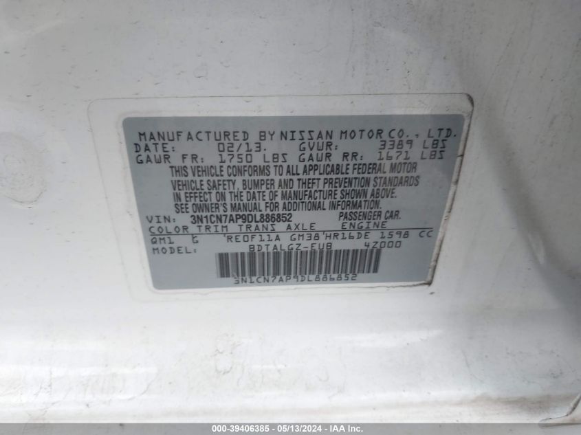 2013 Nissan Versa 1.6 Sl VIN: 3N1CN7AP9DL886852 Lot: 39406385