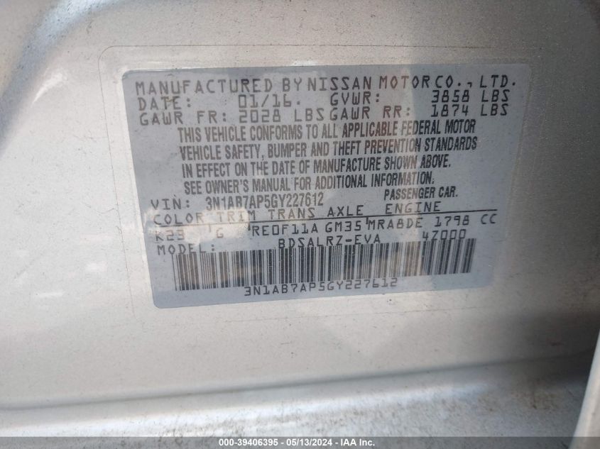 2016 NISSAN SENTRA SR - 3N1AB7AP5GY227612