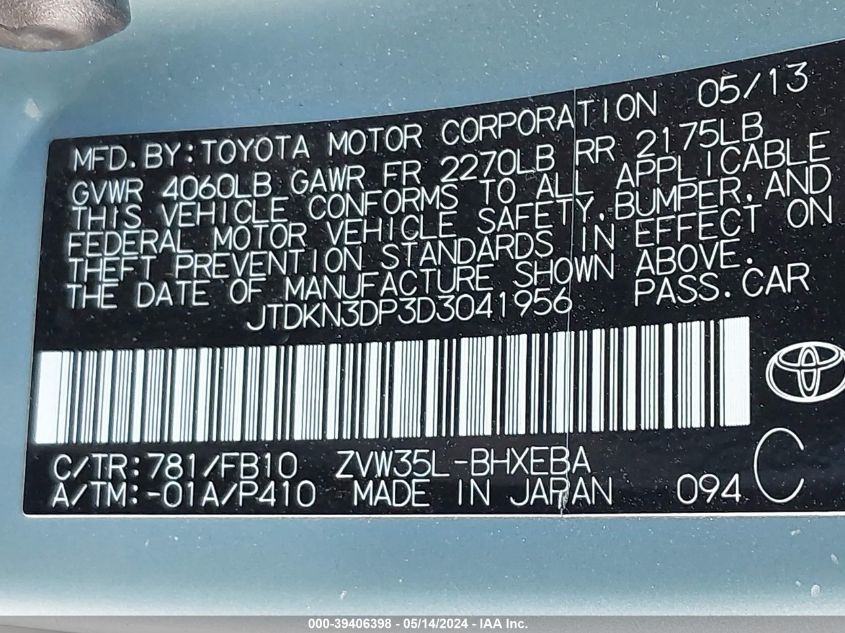 2013 Toyota Prius Plug-In VIN: JTDKN3DP3D3041956 Lot: 39406398