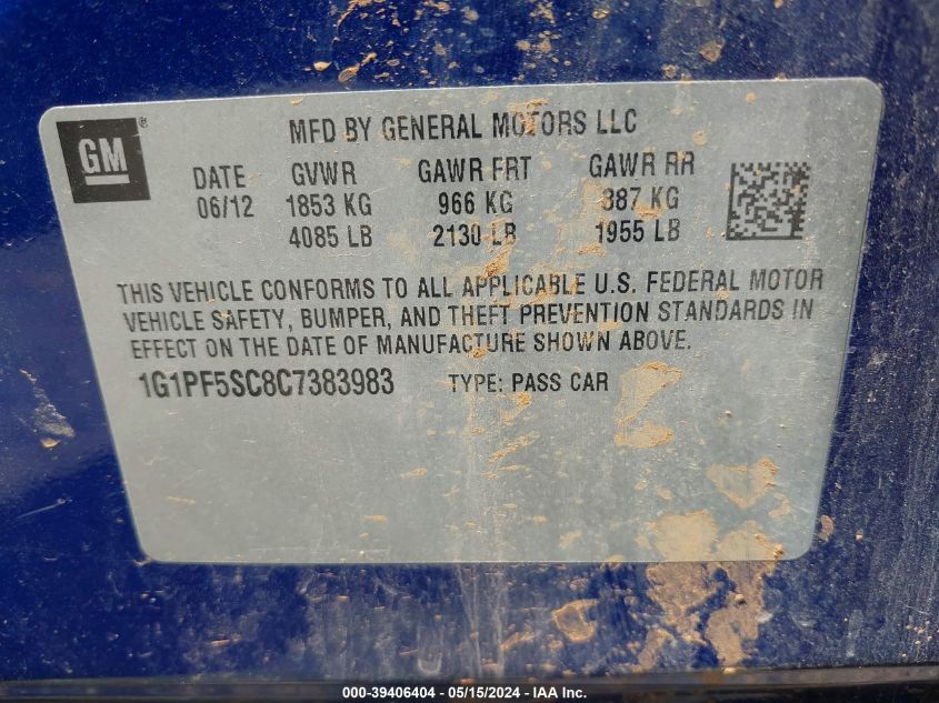 2012 Chevrolet Cruze 1Lt VIN: 1G1PF5SC8C7383983 Lot: 39406404