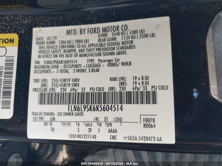 2019 Lincoln Continental Select VIN: 1LN6L9SK6K5604514 Lot: 39406415