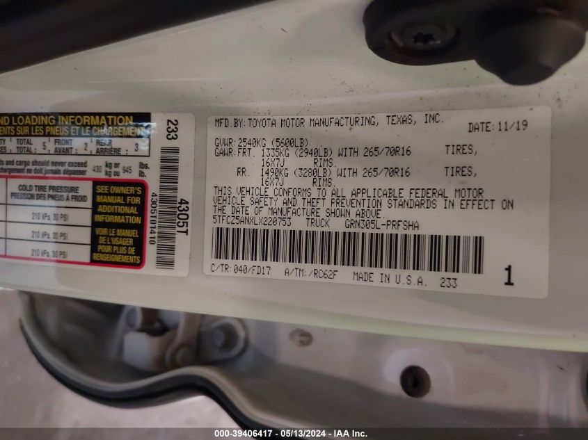 2020 Toyota Tacoma Trd Off-Road VIN: 5TFCZ5ANXLX220753 Lot: 39406417