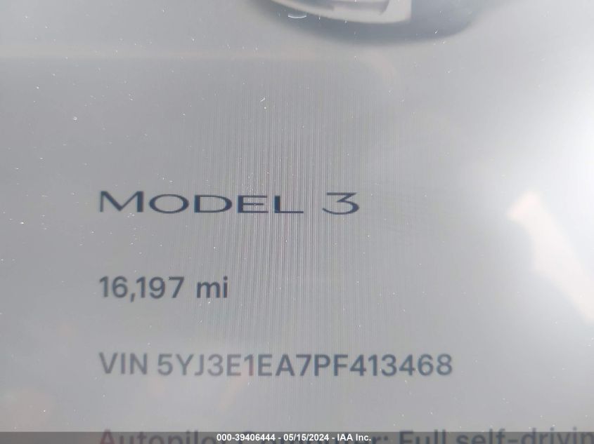 2023 Tesla Model 3 Rear-Wheel Drive VIN: 5YJ3E1EA7PF413468 Lot: 39406444