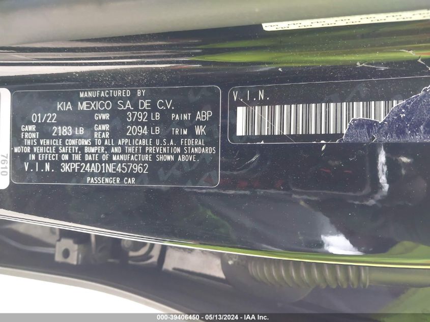 2022 Kia Forte Lxs VIN: 3KPF24AD1NE457962 Lot: 39406450