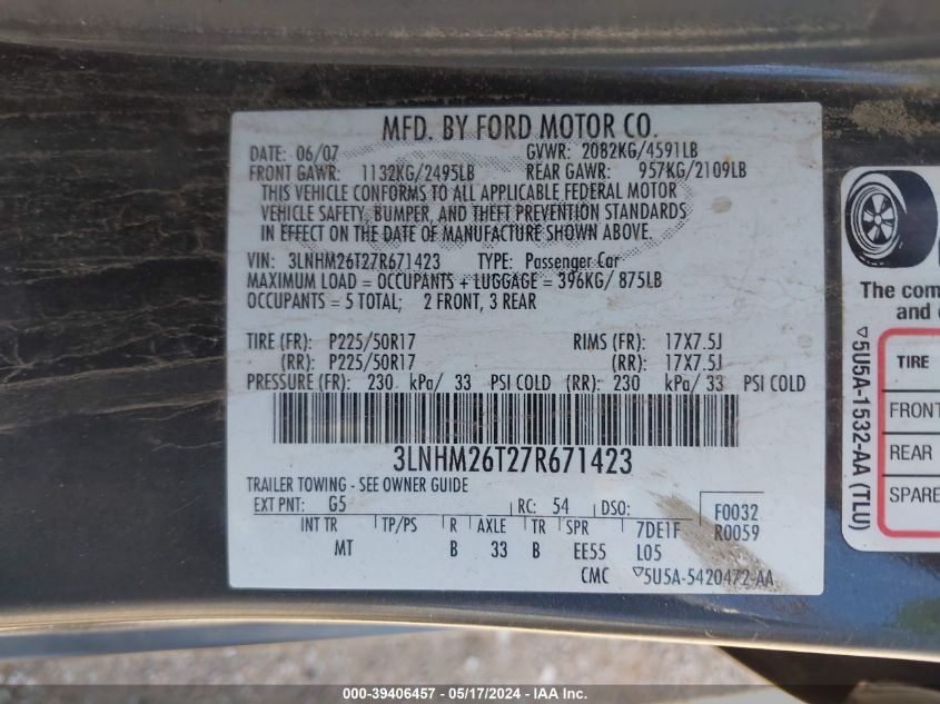 2007 Lincoln Mkz VIN: 3LNHM26T27R671423 Lot: 39406457