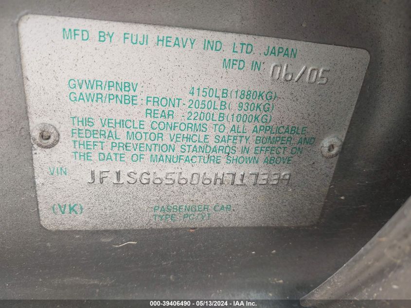 2006 Subaru Forester 2.5X VIN: JF1SG65606H717339 Lot: 39406490