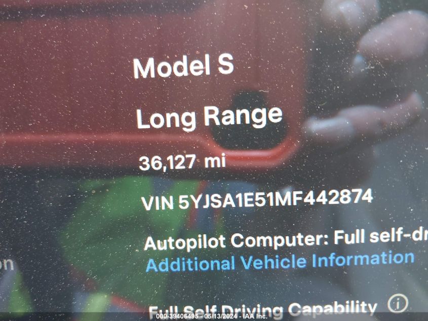 2021 Tesla Model S Long Range Dual Motor All-Wheel Drive VIN: 5YJSA1E51MF442874 Lot: 39406495