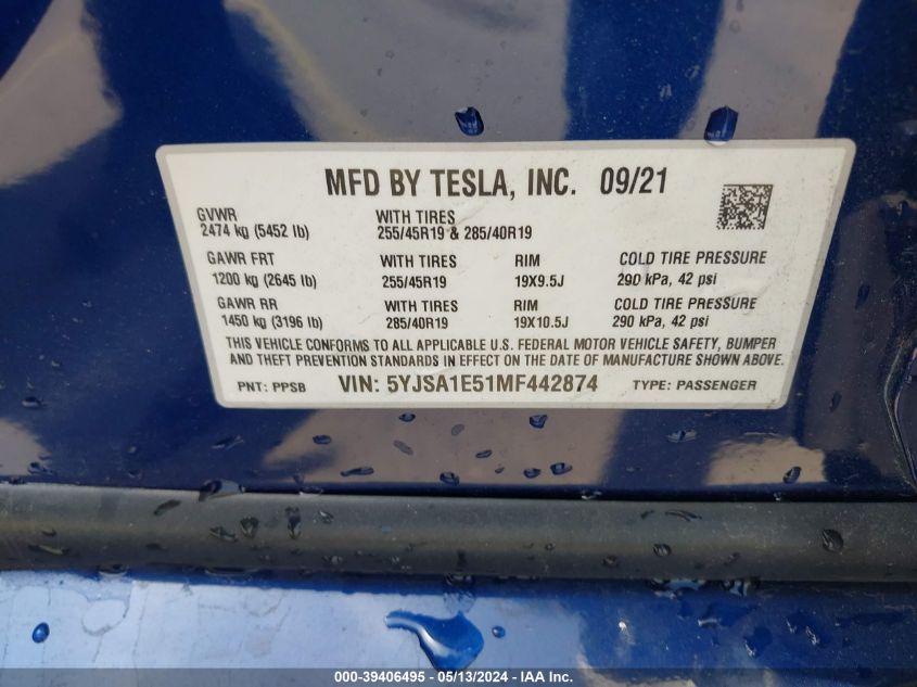 2021 Tesla Model S Long Range Dual Motor All-Wheel Drive VIN: 5YJSA1E51MF442874 Lot: 39406495