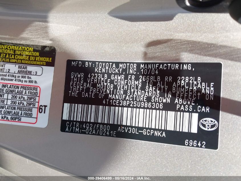 2005 Toyota Camry Solara Se VIN: 4T1CE38P25U986306 Lot: 39406499