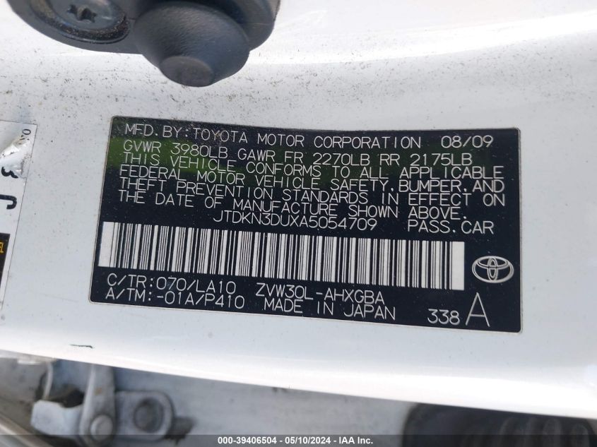 2010 Toyota Prius Iv VIN: JTDKN3DUXA5054709 Lot: 39406504