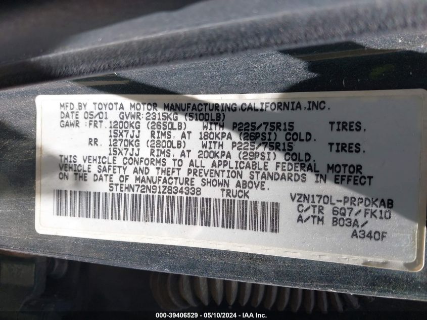 2001 Toyota Tacoma Base V6 VIN: 5TEHN72N91Z834338 Lot: 39406529