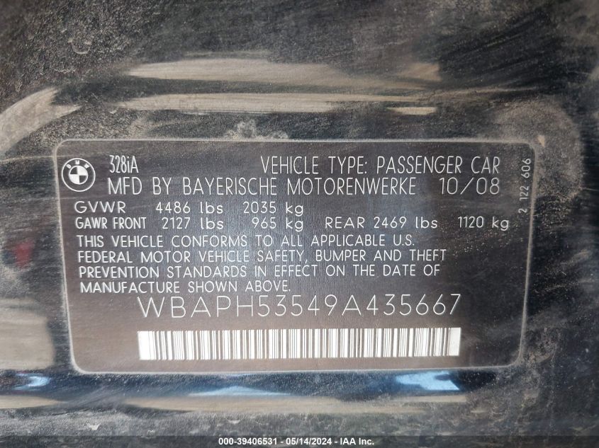 2009 BMW 328I VIN: WBAPH53549A435667 Lot: 39406531