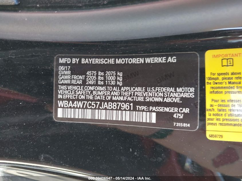 2018 BMW 440I VIN: WBA4W7C57JAB87961 Lot: 39406547