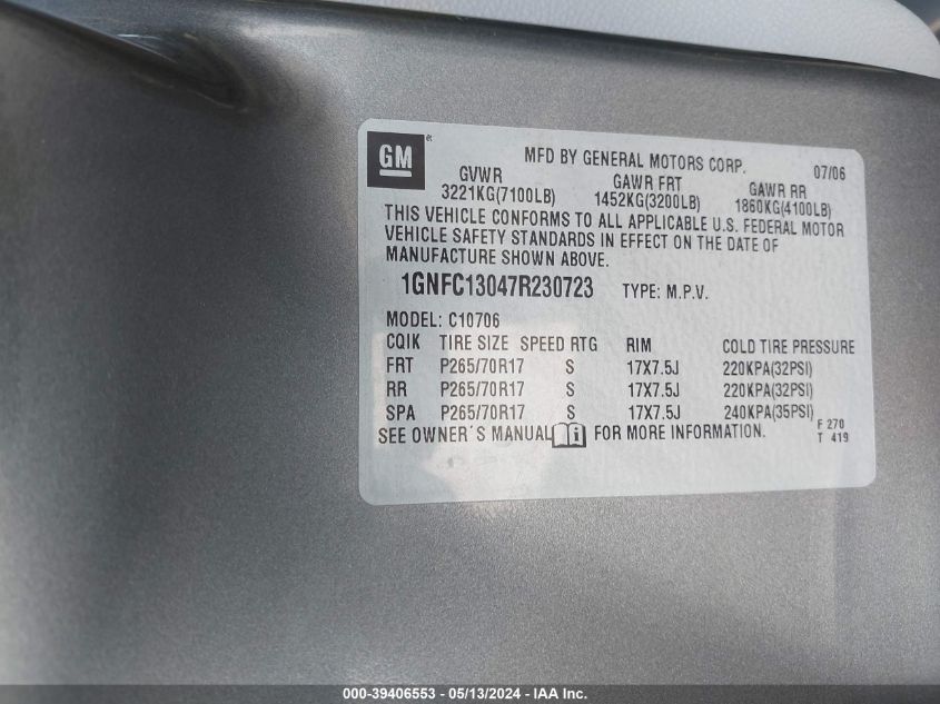 2007 Chevrolet Tahoe Lt VIN: 1GNFC13047R230723 Lot: 39406553
