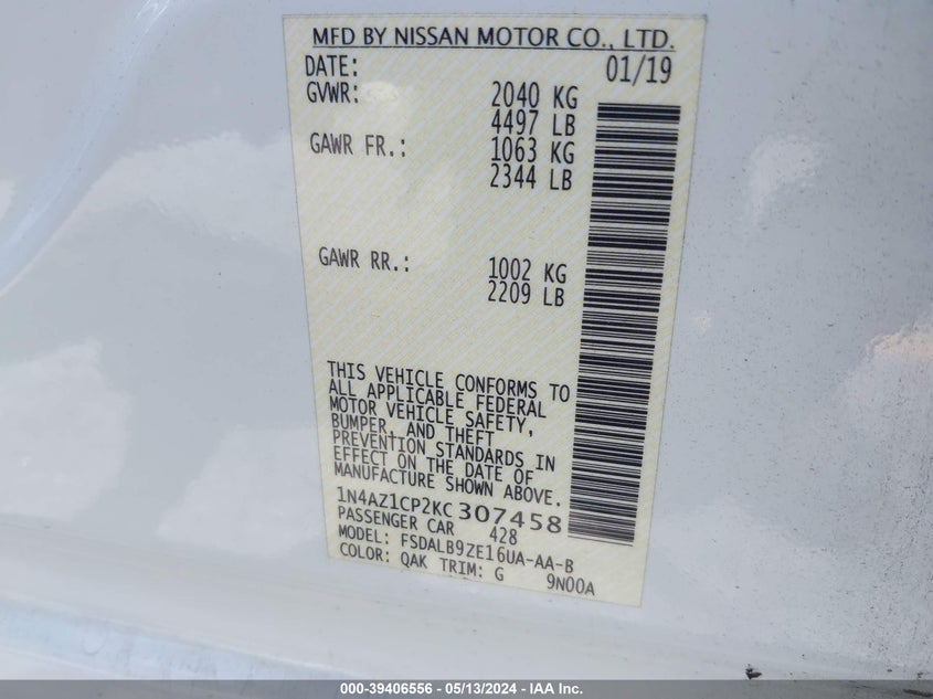 2019 NISSAN LEAF S - 1N4AZ1CP2KC307458