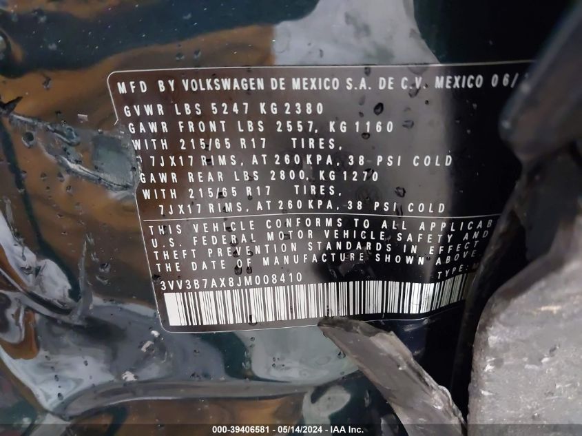 2018 Volkswagen Tiguan 2.0T Se/2.0T Sel VIN: 3VV3B7AX8JM008410 Lot: 39406581