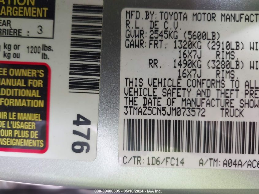2018 Toyota Tacoma Sr5 V6 VIN: 3TMAZ5CN5JM073572 Lot: 39406595