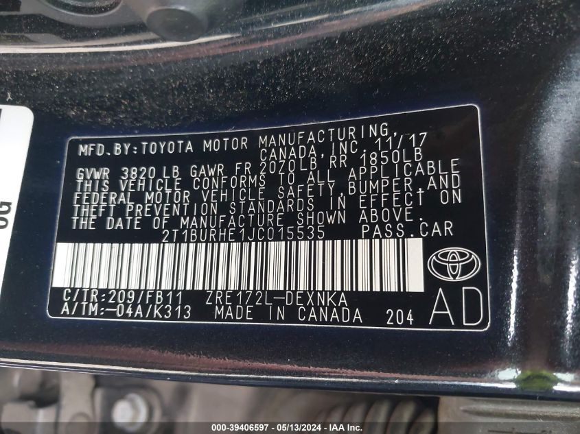 2T1BURHE1JC015535 | 2018 TOYOTA COROLLA