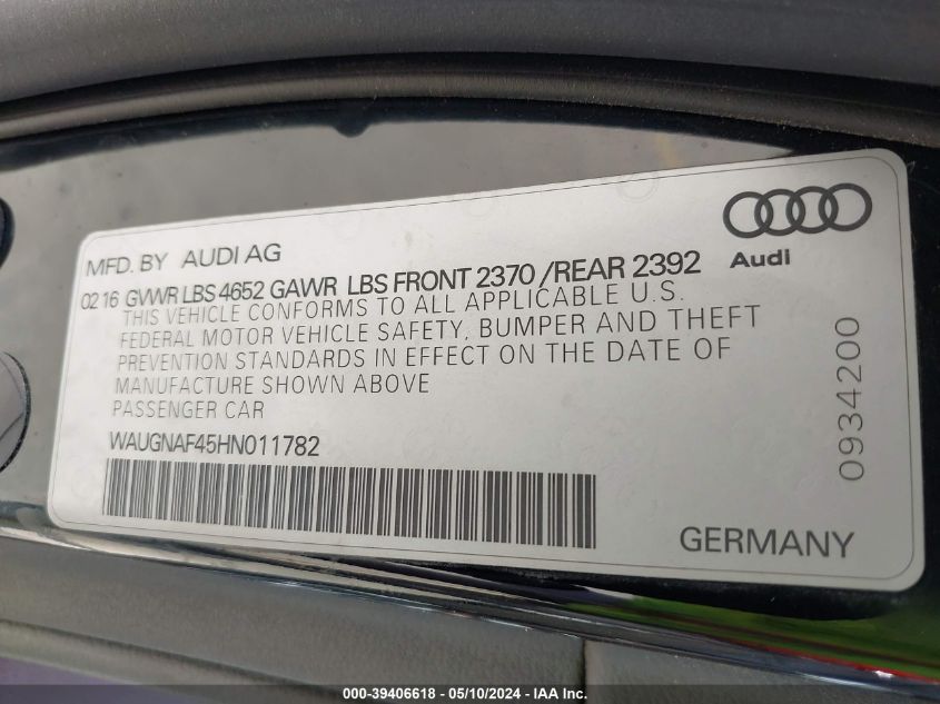 2017 Audi A4 2.0T Premium VIN: WAUGNAF45HN011782 Lot: 39406618