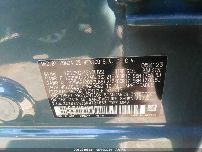 2024 Honda Hr-V 2Wd Lx VIN: 3CZRZ1H35RM704863 Lot: 39406631