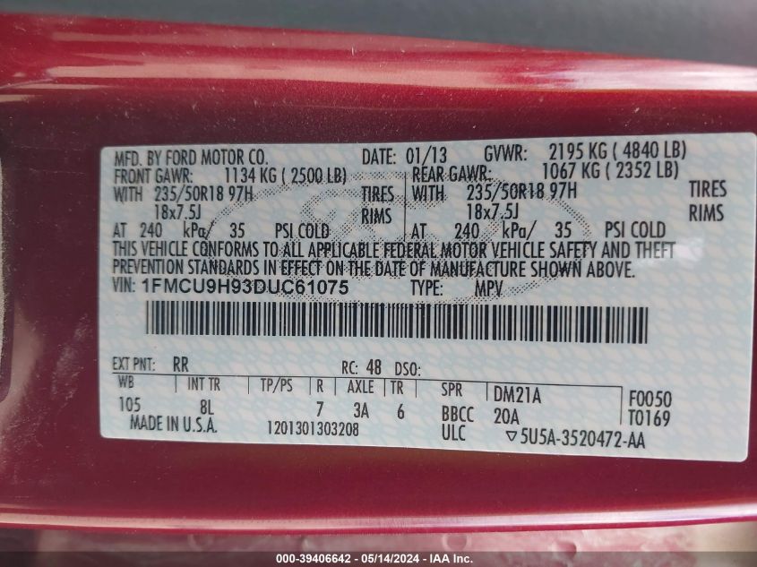 2013 Ford Escape Sel VIN: 1FMCU9H93DUC61075 Lot: 39406642