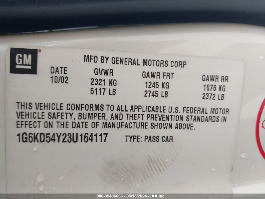 2003 Cadillac Deville Standard VIN: 1G6KD54Y23U164117 Lot: 39406666