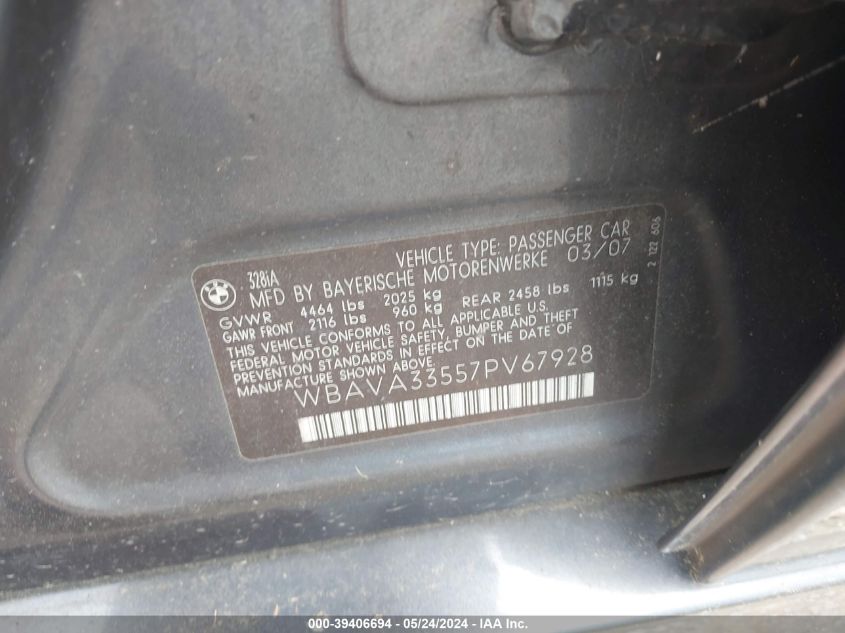2007 BMW 328I VIN: WBAVA33557PV67928 Lot: 39406694