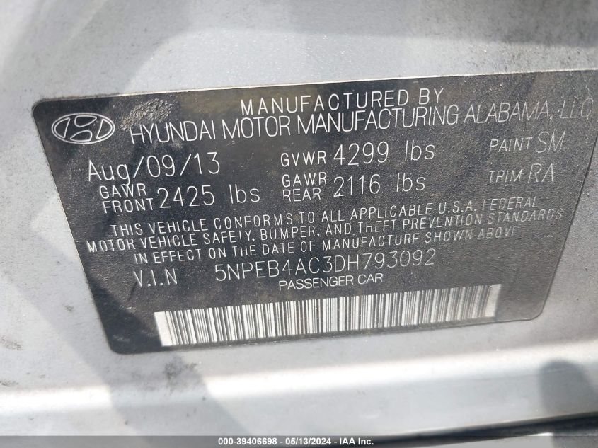 2013 Hyundai Sonata Gls VIN: 5NPEB4AC3DH793092 Lot: 39406698