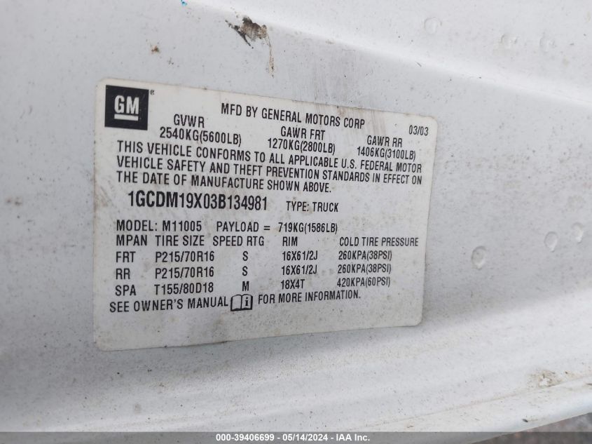 2003 Chevrolet Astro VIN: 1GCDM19X03B134981 Lot: 39406699