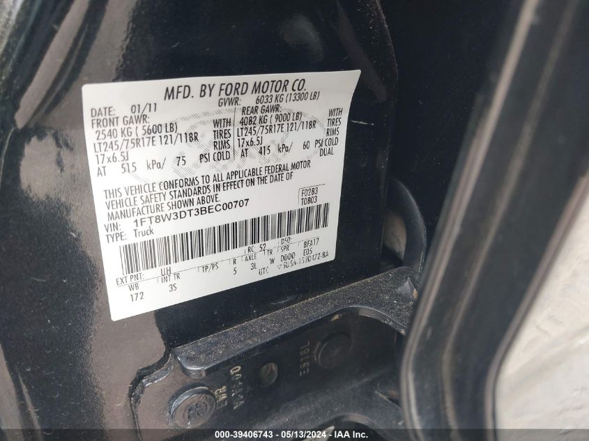 2011 Ford F-350 Xlt VIN: 1FT8W3DT3BEC00707 Lot: 39406743